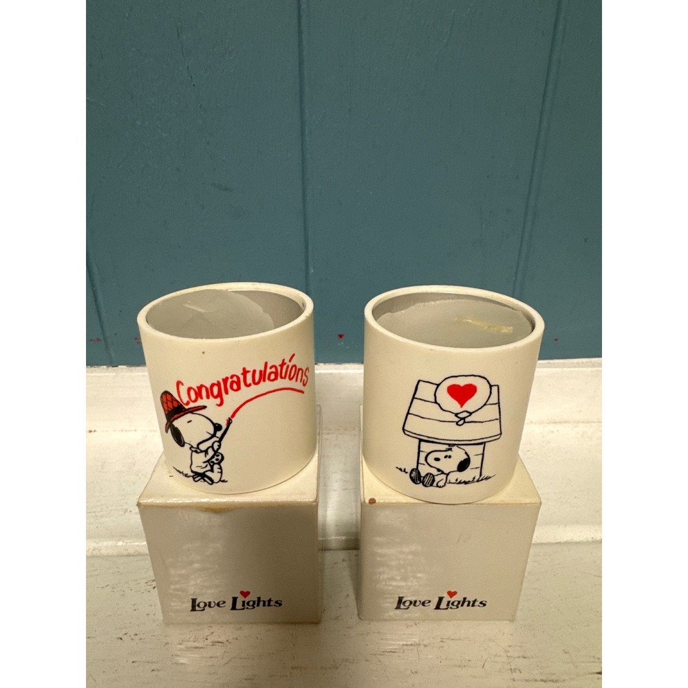 Vtg Snoopy Love Lights Set of 2 Congratulations mini tealight Candle Holders